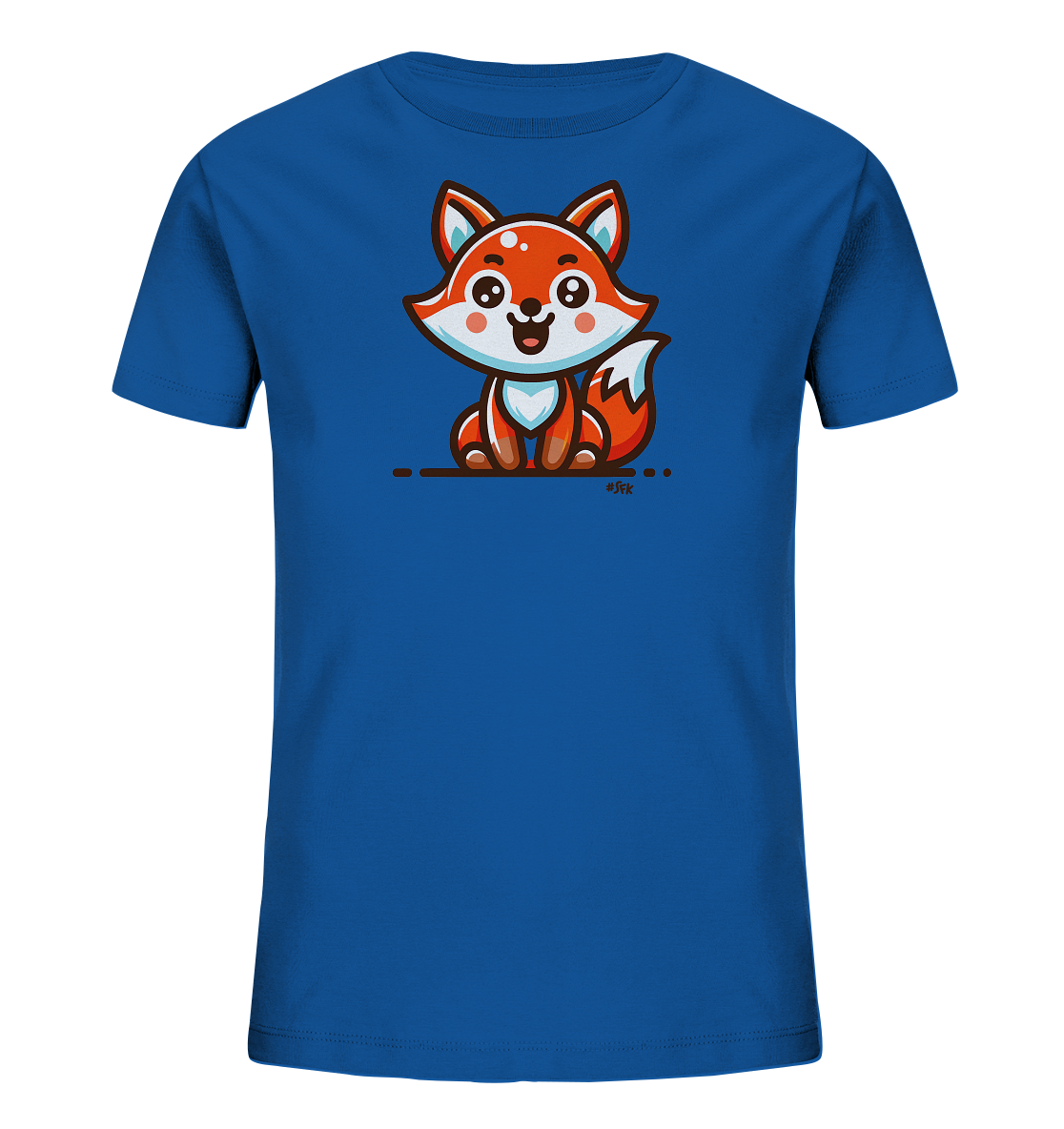 Onlineshop Shirts fuer Kinder - Das Bild zeigt ein leuchtend blaues T-Shirt fuer Kinder mit einem froehlichen Cartoon-Fuchs auf der Vorderseite. Der orangefarbene Fuchs sitzt laechelnd und hat weisse Akzente an Gesicht und Schwanz. Unter dem Fuchs befindet sich eine schlichte horizontale Linie mit Punkten an den Enden. Das Design ist farbenfroh und kindgerecht gestaltet.