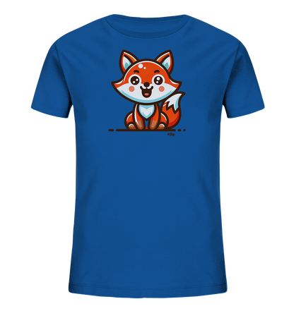 Onlineshop Shirts fuer Kinder - Das Bild zeigt ein leuchtend blaues T-Shirt fuer Kinder mit einem froehlichen Cartoon-Fuchs auf der Vorderseite. Der orangefarbene Fuchs sitzt laechelnd und hat weisse Akzente an Gesicht und Schwanz. Unter dem Fuchs befindet sich eine schlichte horizontale Linie mit Punkten an den Enden. Das Design ist farbenfroh und kindgerecht gestaltet.