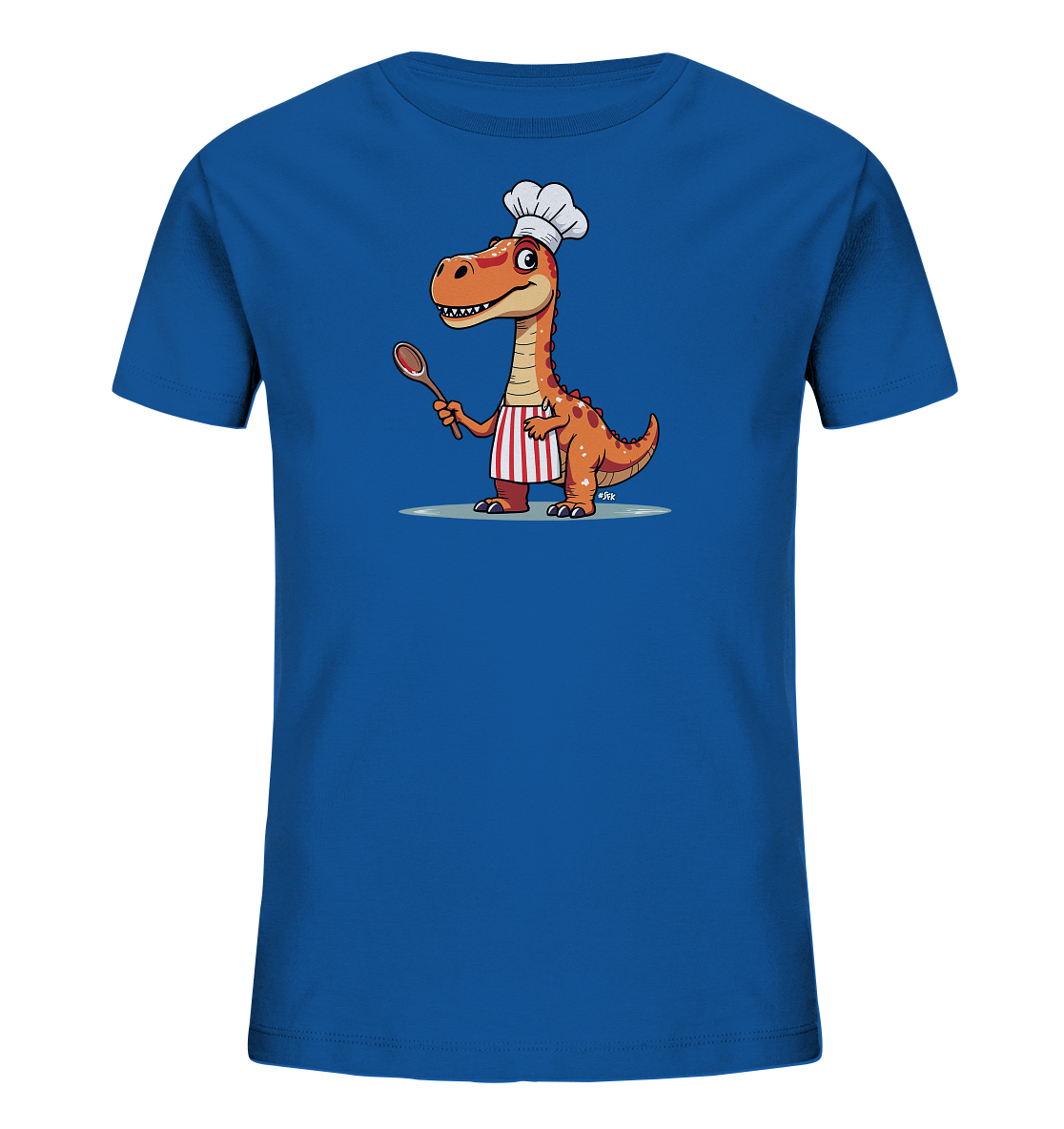 Kinder T-Shirt mit orangefarbenem Dino als Koch