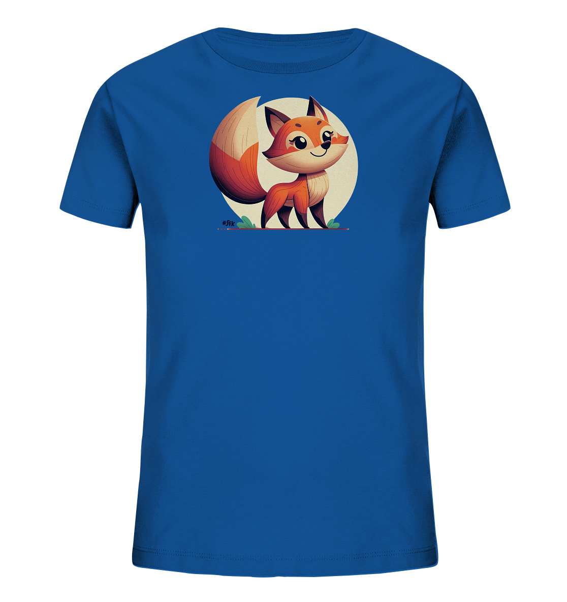 Onlineshop Shirts fuer Kinder - Das Bild zeigt ein blaues Kinder-T-Shirt mit einer charmanten Fuchsgrafik. Der cartoonartige orange Fuchs mit grossen Ohren und freundlichem Gesicht steht vor einem hellen Kreis. Gruene Elemente ergaenzen das verspielte Motiv. Das Design wirkt lebhaft und ansprechend fuer Kinder.