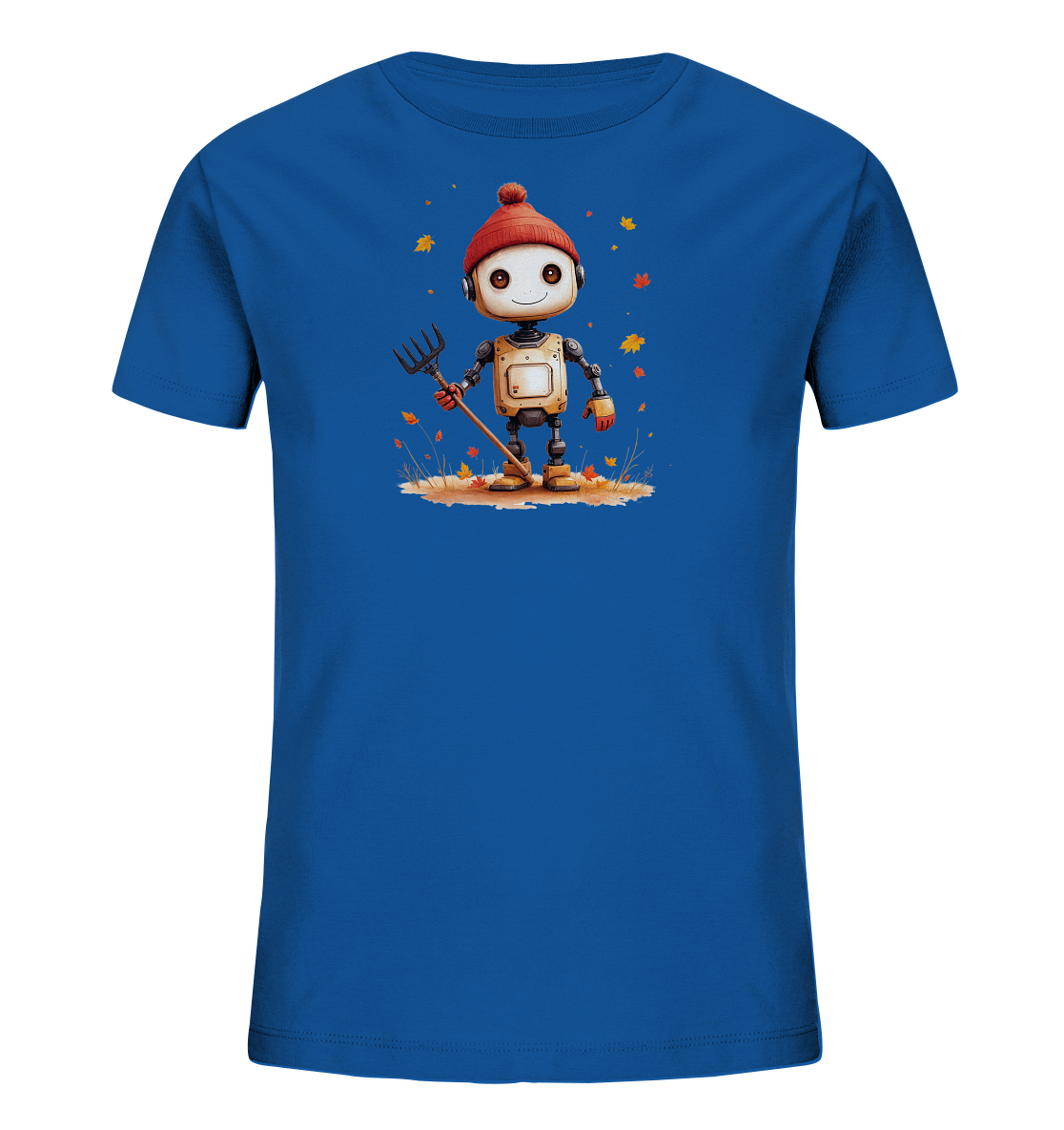 Onlineshop Shirts für Kinder - Das Bild zeigt ein blaues Kinder-T-Shirt mit einem niedlichen Druck auf der Vorderseite. Der Druck stellt einen kleinen Roboter dar, der eine rote Mütze trägt und eine Heugabel oder Harke hält. Um den Roboter herum sind bunte Herbstblätter und etwas trockenes Gras zu sehen, was auf eine herbstliche Szene hinweist. Der Roboter hat ein freundliches Gesicht und wirkt, als würde er gerade Gartenarbeit verrichten.