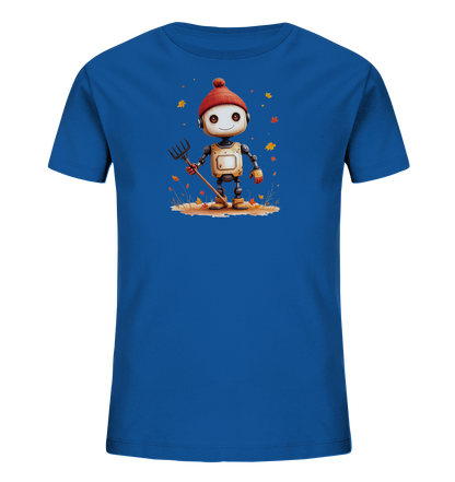 Onlineshop Shirts für Kinder - Das Bild zeigt ein blaues Kinder-T-Shirt mit einem niedlichen Druck auf der Vorderseite. Der Druck stellt einen kleinen Roboter dar, der eine rote Mütze trägt und eine Heugabel oder Harke hält. Um den Roboter herum sind bunte Herbstblätter und etwas trockenes Gras zu sehen, was auf eine herbstliche Szene hinweist. Der Roboter hat ein freundliches Gesicht und wirkt, als würde er gerade Gartenarbeit verrichten.
