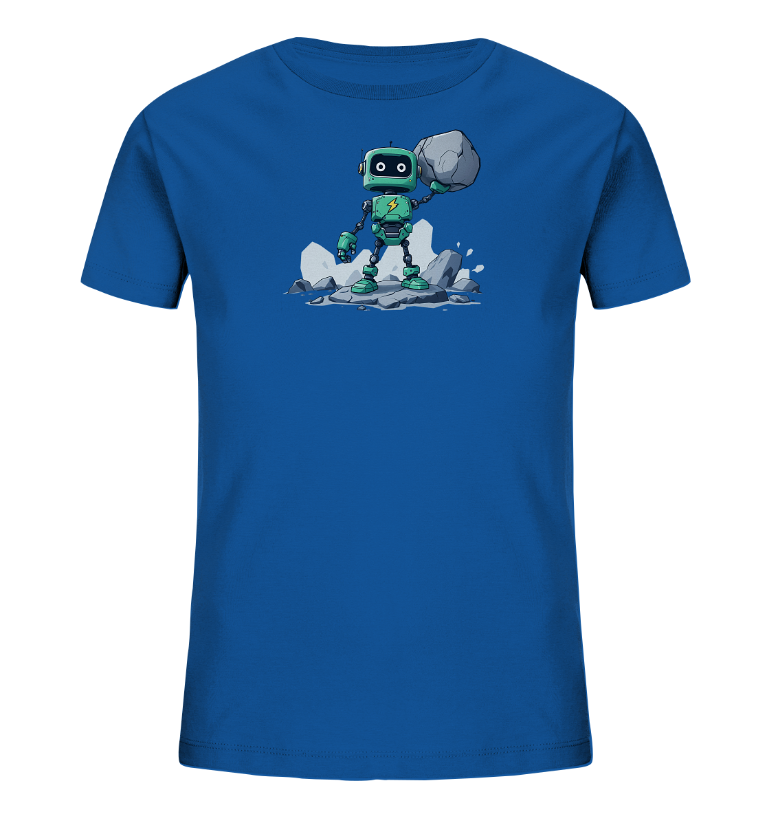 Onlineshop Shirts für Kinder - Dieses blaue T-Shirt für Kinder zeigt einen auffälligen Grafikdruck auf der Vorderseite. Das Motiv stellt einen türkisfarbenen Roboter dar, der auf einem Haufen Felsen steht und einen großen grauen Stein über seinem Kopf hält. Der Roboter hat einen gelben Blitz auf der Brust und wirkt stark und entschlossen. Das Design wird von herumfliegenden kleinen Felsbrocken und Staub begleitet, was eine dynamische Szene erzeugt und dem Shirt einen coolen Look verleiht.