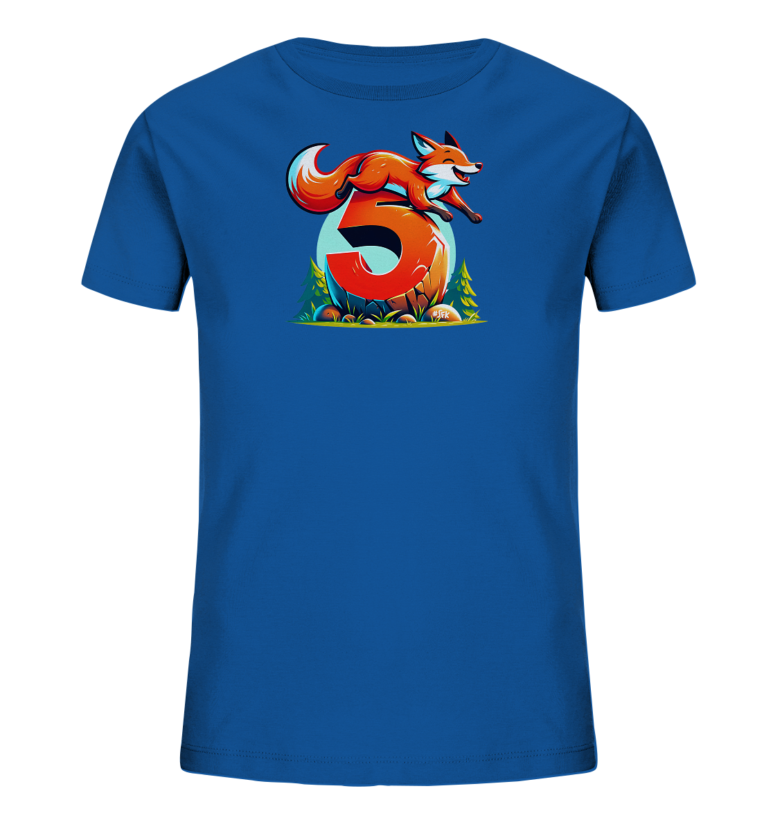 Onlineshop Shirts für Kinder - Das Bild zeigt ein blaues T-Shirt mit einem farbenfrohen Druck auf der Vorderseite. Der Druck stellt eine Illustration dar, bei der ein springender roter Fuchs über eine große, steinerne Zahl "5" abgebildet ist. Im unteren Bereich der Grafik sind Gras, kleine Steine und stilisierte Bäume zu sehen, während ein hellblauer Kreis den Hintergrund bildet. Dieses Design kombiniert Tiermotiv und Zahl in einem lebendigen, cartoonhaften Stil, der für Kinder ansprechend ist.