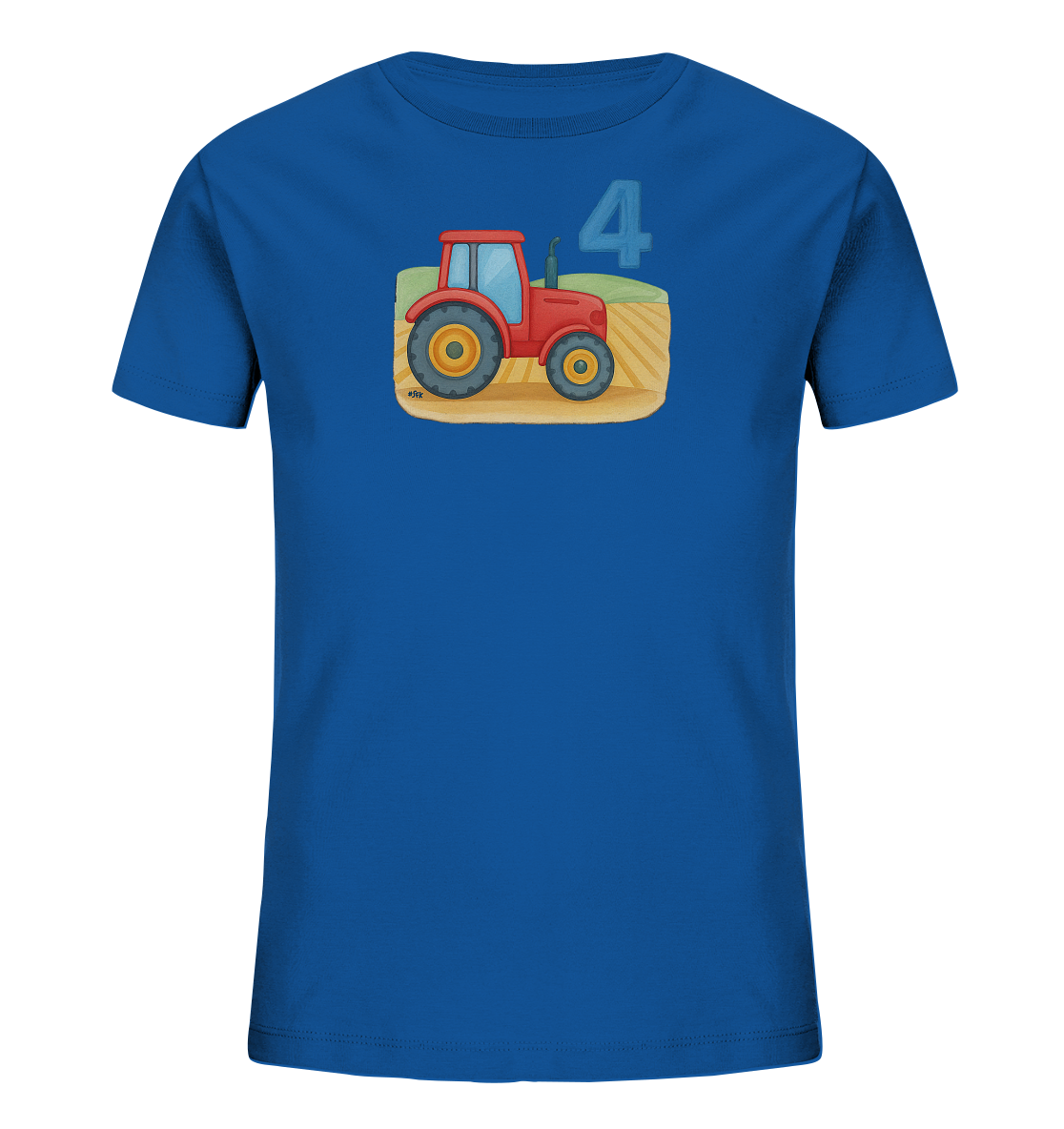 Onlineshop Shirts fuer Kinder - Das Bild zeigt ein blaues T-Shirt fuer Kinder mit einem farbenfrohen Aufdruck. Mittig ist ein roter Traktor auf einem Feld zu sehen, dahinter steht gross die Zahl 4. Das Design wirkt kindgerecht und lebendig.
