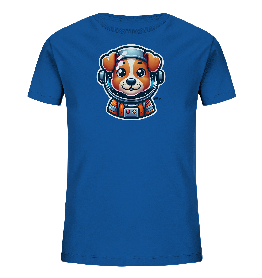 Onlineshop Shirts fuer Kinder - Das Bild zeigt ein blaues T-Shirt fuer Kinder mit einem farbenfrohen Aufdruck auf der Vorderseite. Der Aufdruck zeigt das Gesicht eines niedlichen Cartoon-Hundes, der einen Astronautenhelm und einen orange-grauen Raumanzug traegt. Im Helm spiegeln sich Sterne, was dem Motiv eine Weltraum-Atmosphaere verleiht. Das Design wirkt freundlich und abenteuerlich.