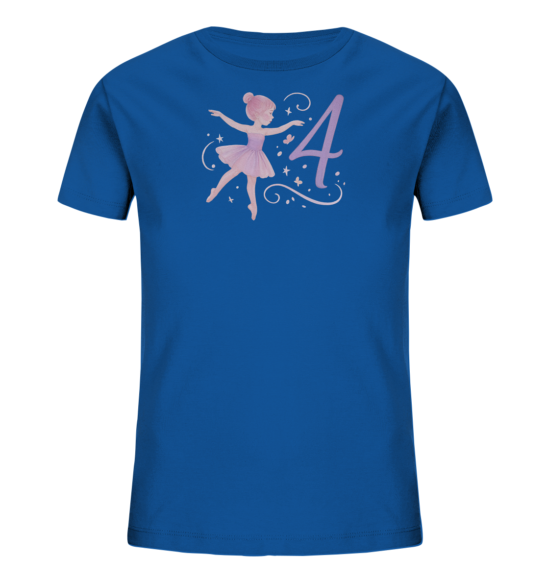 Onlineshop Shirts fuer Kinder - Das Bild zeigt ein koenigsblaues Kinder-T-Shirt. Auf der Vorderseite ist eine anmutige Ballerina-Figur in einem pinken Kleid abgebildet. Neben der Taenzerin steht eine grosse, ebenfalls pinke Zahl '4'. Kleine Sterne und schwungvolle Linien umgeben das Motiv.
