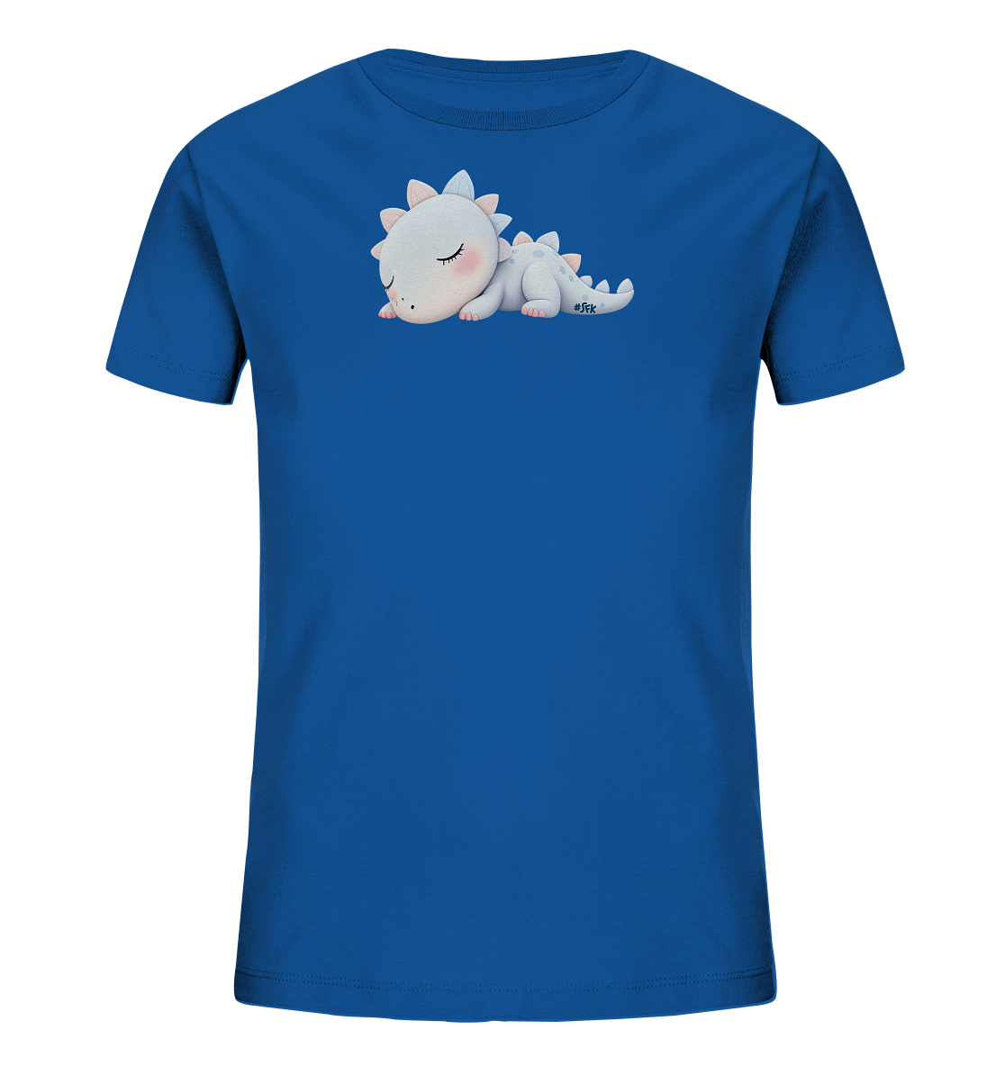 Onlineshop Shirts fuer Kinder - Das Bild zeigt ein blaues Kinder-T-Shirt. Es ist mit einem niedlichen, hellen Kreaturmotiv verziert, das wie ein schlafender Baby-Drache oder Dinosaurier aussieht. Die Figur hat rosige Wangen und kleine, zarte Stacheln in Pastellfarben auf Kopf und Ruecken. Dieses sanfte und traeumerische Design eignet sich ideal fuer Kindermode.
