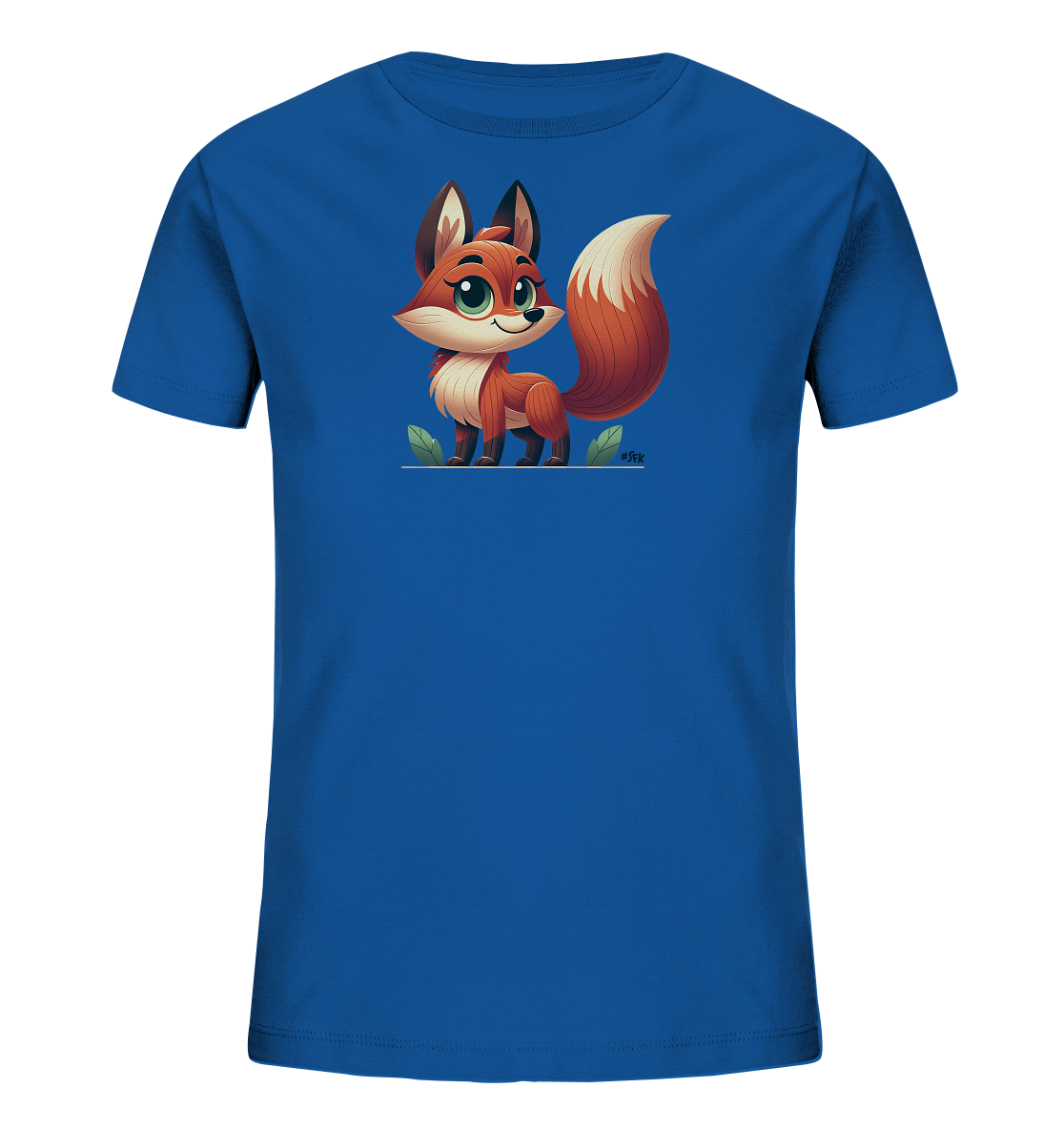 Onlineshop Shirts fuer Kinder - Das Bild zeigt ein leuchtend blaues Kinder-T-Shirt mit einer niedlichen Comic-Illustration eines Fuchses auf der Vorderseite. Der Fuchs hat orangefarbenes Fell, grosse Augen und einen freundlichen Ausdruck. Er steht auf einer angedeuteten Linie, flankiert von ein paar gruenen Blaettern. Das Design ist farbenfroh und ansprechend fuer Kinder.