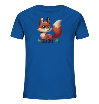 Onlineshop Shirts fuer Kinder - Das Bild zeigt ein leuchtend blaues Kinder-T-Shirt mit einer niedlichen Comic-Illustration eines Fuchses auf der Vorderseite. Der Fuchs hat orangefarbenes Fell, grosse Augen und einen freundlichen Ausdruck. Er steht auf einer angedeuteten Linie, flankiert von ein paar gruenen Blaettern. Das Design ist farbenfroh und ansprechend fuer Kinder.