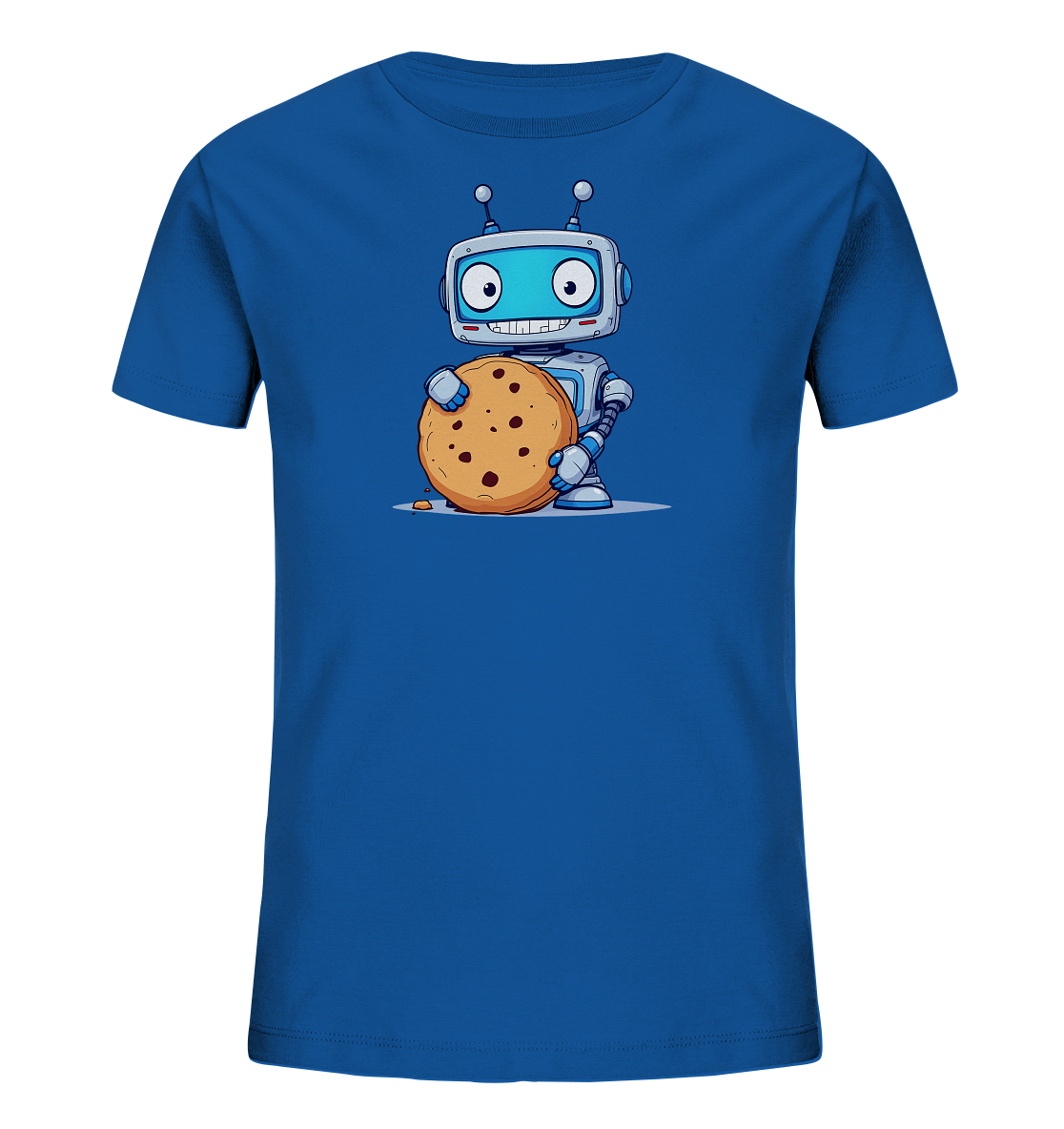 Onlineshop Shirts für Kinder - Das Bild zeigt ein leuchtend blaues Kinder-T-Shirt mit einer zentralen Grafik auf der Vorderseite. Die Grafik stellt einen niedlichen, cartoonhaften Roboter dar. Der Roboter ist in Hellblau und Grau gehalten und hält einen überdimensionalen, runden Schokoladenkeks fest. Er hat große, runde Augen, Antennen und ein breites Lächeln, das eine freundliche Ausstrahlung verleiht. Eine kleine Keks-Krume liegt auf dem Boden neben seinen Füßen, was das Thema unterstreicht.