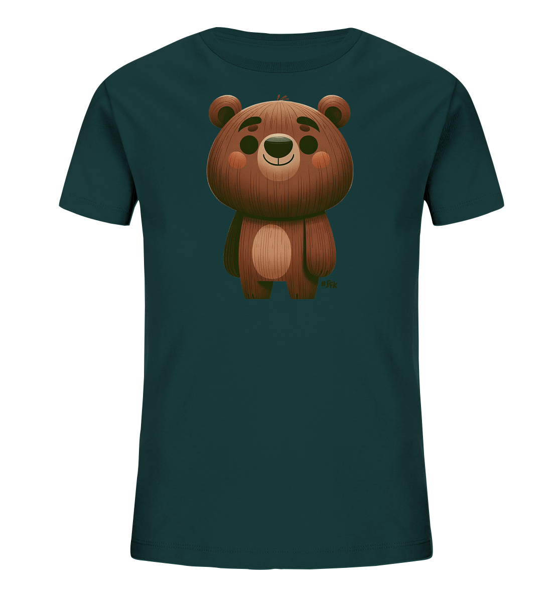 Onlineshop Shirts fuer Kinder - Das Bild praesentiert ein Kinder-T-Shirt in einem tiefen Petrolton, verziert mit einer Illustration eines suessen Baeren. Der Baer hat braune Felltextur, rosa Wangen und ein freundliches Laecheln. Er steht aufrecht im Zentrum des Designs.