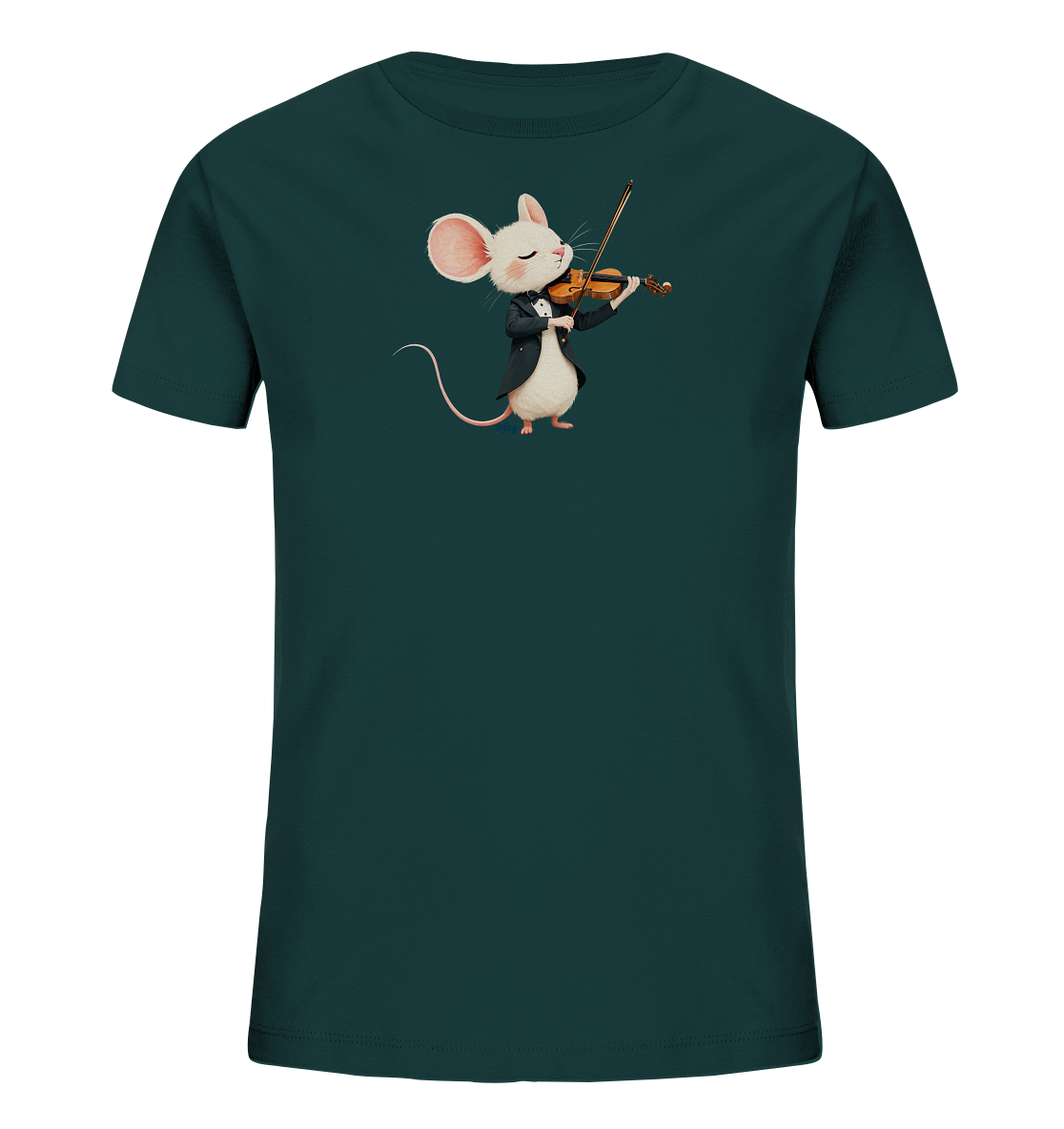 Onlineshop Shirts fuer Kinder - Das Bild zeigt ein dunkelgruenes Kinder-T-Shirt mit einem charmanten Motiv einer weissen Maus auf der Vorderseite. Die Maus ist festlich gekleidet in einem Frack und spielt konzentriert eine Geige. Das detailreiche und neutrale Design verleiht dem Shirt eine spielerische Eleganz, die Musikliebhaber ansprechen koennte.