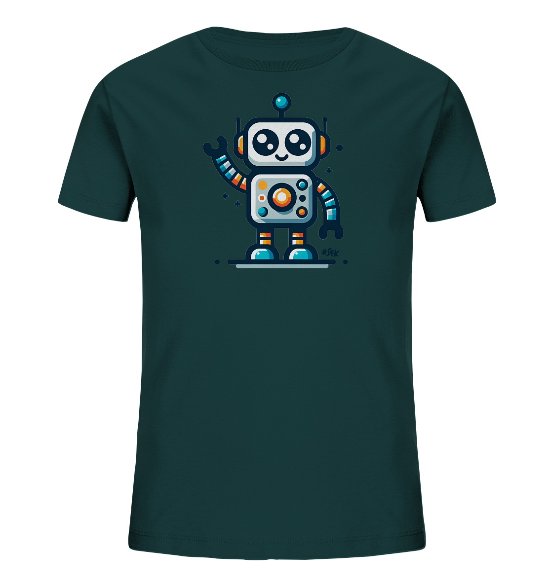 Onlineshop Shirts fuer Kinder - Das Bild zeigt ein dunkelgruenes T-Shirt mit einem farbenfrohen, cartoonartigen Roboter-Motiv auf der Vorderseite. Der Roboter ist hellgrau und weiss, mit Akzenten in Blau, Orange und Gelb. Er hat grosse Augen, ein freundliches Laecheln und winkt mit einer Hand. Das Design steht auf einer horizontalen Linie und wirkt modern und verspielt.