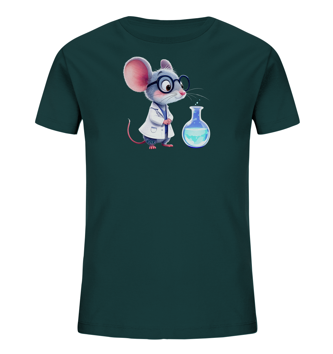 Onlineshop Shirts fuer Kinder - Das Bild zeigt ein dunkelgruenes Kinder-T-Shirt mit einer charmanten Illustration. Eine kleine graue Maus traegt einen weissen Laborkittel und eine Brille. Sie blickt neugierig auf einen mit blauer Fluessigkeit gefuellten Erlenmeyerkolben. Das Design verleiht dem Shirt einen verspielten, wissenschaftlichen Charakter.