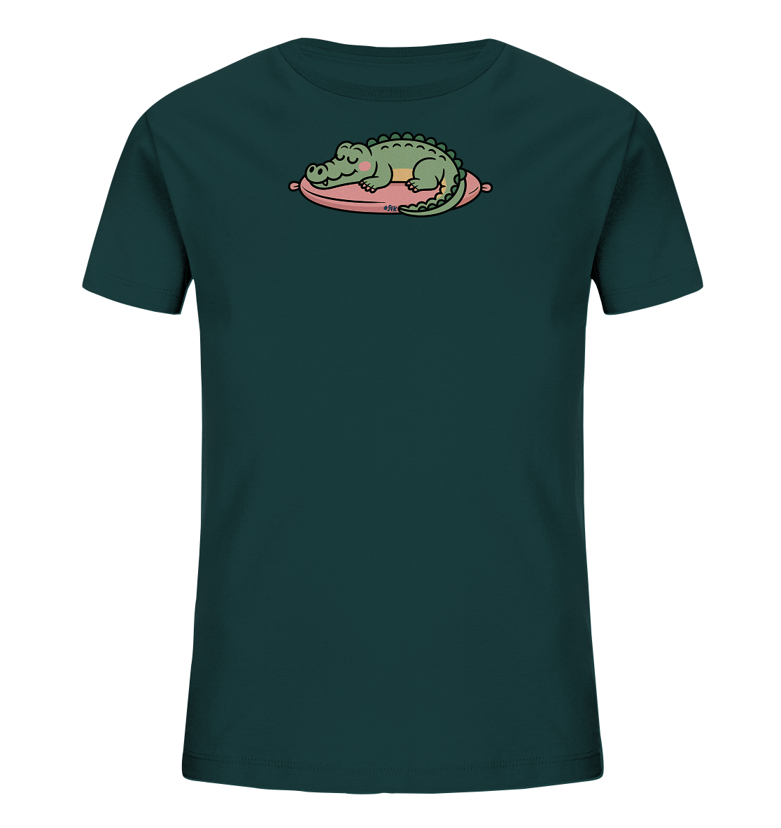 Onlineshop Shirts fuer Kinder - Das dunkelgruene T-Shirt zeigt ein schlafendes Krokodil auf einem pinkfarbenen Kissen. Das gruene Krokodil mit rosafarbenen Wangen wirkt friedlich und kindgerecht.