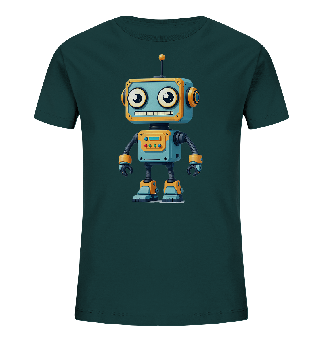 Onlineshop Shirts für Kinder - Das Bild zeigt ein dunkelgrünes Kinder-T-Shirt mit einem detailreichen Aufdruck eines cartoonhaften Roboters auf der Vorderseite. Der Roboter ist in Blautönen mit gelben und orangen Akzenten gestaltet und hat große, freundliche Augen sowie ein breites Lächeln. Er verfügt über eine Antenne auf dem Kopf, bewegliche Gliedmaßen und verschiedene Anzeigen auf seinem Körper. Das Design wirkt farbenfroh und spielerisch, ansprechend für Kinder.