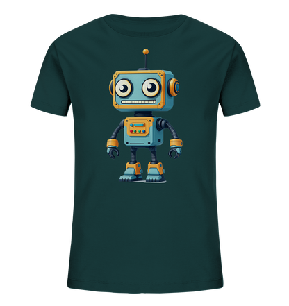 Onlineshop Shirts für Kinder - Das Bild zeigt ein dunkelgrünes Kinder-T-Shirt mit einem detailreichen Aufdruck eines cartoonhaften Roboters auf der Vorderseite. Der Roboter ist in Blautönen mit gelben und orangen Akzenten gestaltet und hat große, freundliche Augen sowie ein breites Lächeln. Er verfügt über eine Antenne auf dem Kopf, bewegliche Gliedmaßen und verschiedene Anzeigen auf seinem Körper. Das Design wirkt farbenfroh und spielerisch, ansprechend für Kinder.