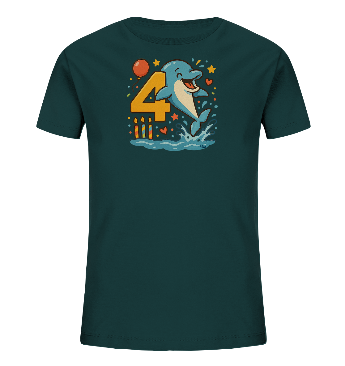 Onlineshop Shirts fuer Kinder - Das Bild zeigt ein dunkelblaues Kinder-T-Shirt mit einem froehlichen Aufdruck. Im Zentrum steht eine grosse gelbe '4', neben der ein lachender Delfin aus dem Wasser springt. Kerzen, ein Ballon und Konfetti ergaenzen das Geburtstagsthema.