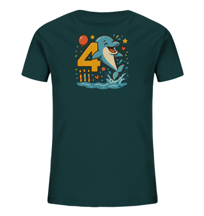 Onlineshop Shirts fuer Kinder - Das Bild zeigt ein dunkelblaues Kinder-T-Shirt mit einem froehlichen Aufdruck. Im Zentrum steht eine grosse gelbe '4', neben der ein lachender Delfin aus dem Wasser springt. Kerzen, ein Ballon und Konfetti ergaenzen das Geburtstagsthema.
