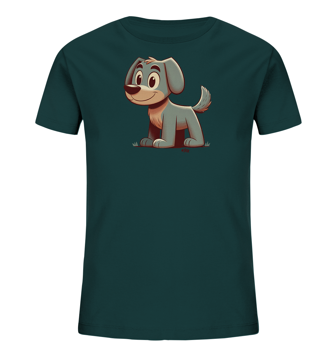 Onlineshop Shirts fuer Kinder - Das Bild zeigt ein dunkelgruenes T-Shirt fuer Kinder mit einem niedlichen Aufdruck eines Cartoon-Hundes. Der hellgraue Hund sitzt in der Mitte des Shirts und laechelt freundlich. Das Design ist einfach und kindgerecht gestaltet.