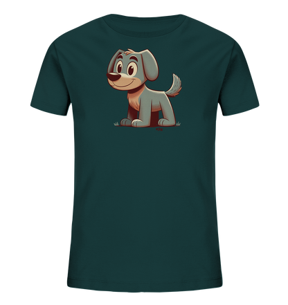 Onlineshop Shirts fuer Kinder - Das Bild zeigt ein dunkelgruenes T-Shirt fuer Kinder mit einem niedlichen Aufdruck eines Cartoon-Hundes. Der hellgraue Hund sitzt in der Mitte des Shirts und laechelt freundlich. Das Design ist einfach und kindgerecht gestaltet.