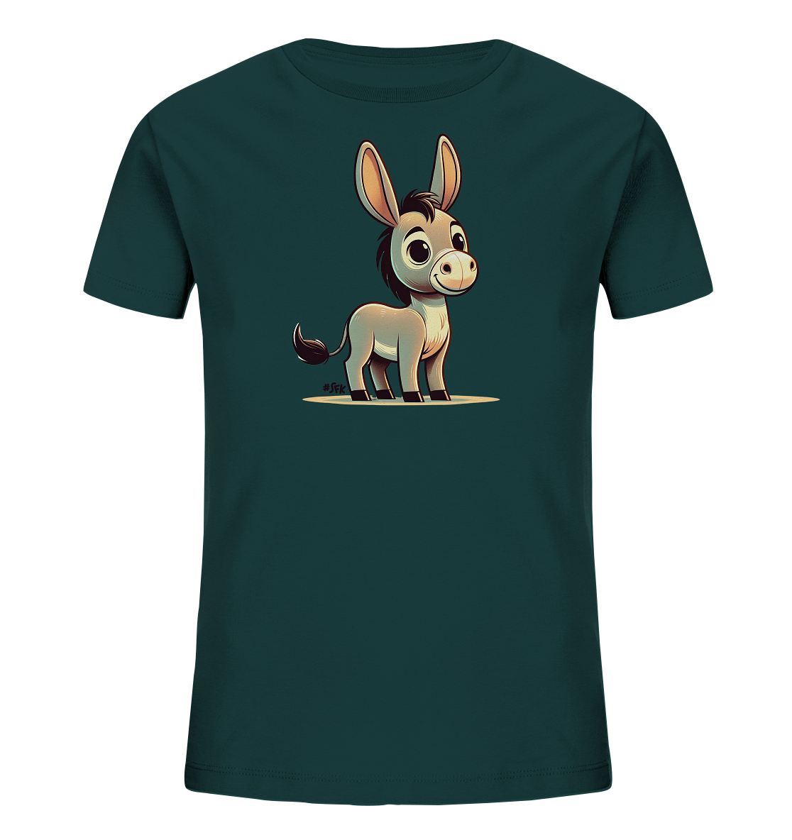 Kinder T-Shirt mit ein cartoonhafter Esel mit großen Ohren und freundlichem Lächeln