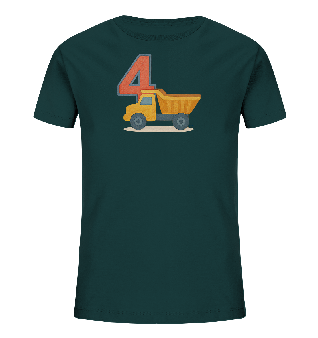 Onlineshop Shirts fuer Kinder - Dieses T-Shirt in dunkelgruener Farbe zeigt ein auffaelliges Motiv auf der Vorderseite. Eine grosse, orangefarbene Zahl '4' mit grauem Rand dominiert den oberen Bereich des Drucks. Darunter ist ein gelber Kipper-Lastwagen auf einem beigen Untergrund dargestellt. Das gesamte Design ist zentral positioniert.