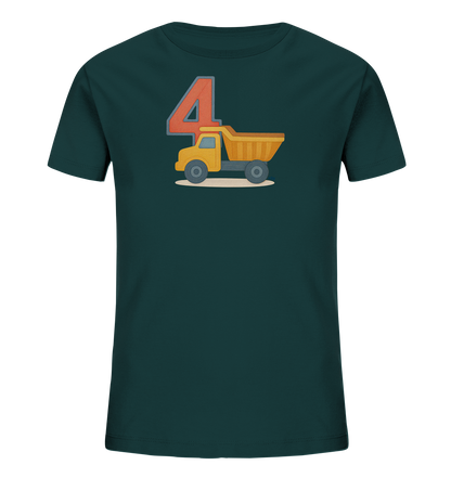 Onlineshop Shirts fuer Kinder - Dieses T-Shirt in dunkelgruener Farbe zeigt ein auffaelliges Motiv auf der Vorderseite. Eine grosse, orangefarbene Zahl '4' mit grauem Rand dominiert den oberen Bereich des Drucks. Darunter ist ein gelber Kipper-Lastwagen auf einem beigen Untergrund dargestellt. Das gesamte Design ist zentral positioniert.