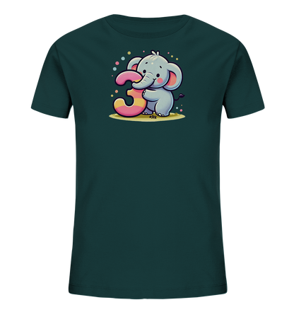 Onlineshop Shirts fuer Kinder - Das Bild zeigt ein dunkelgruenes T-Shirt fuer Kinder mit einer suessen Elefantenillustration. Der freundlich laechelnde Elefant haelt eine grosse, bunte Zahl '3' mit seinem Ruessel und Vorderbein. Um den Elefanten schweben kleine, farbige Punkte, die eine festliche Stimmung erzeugen. Dieses verspielte Design ist ideal fuer einen dritten Geburtstag.