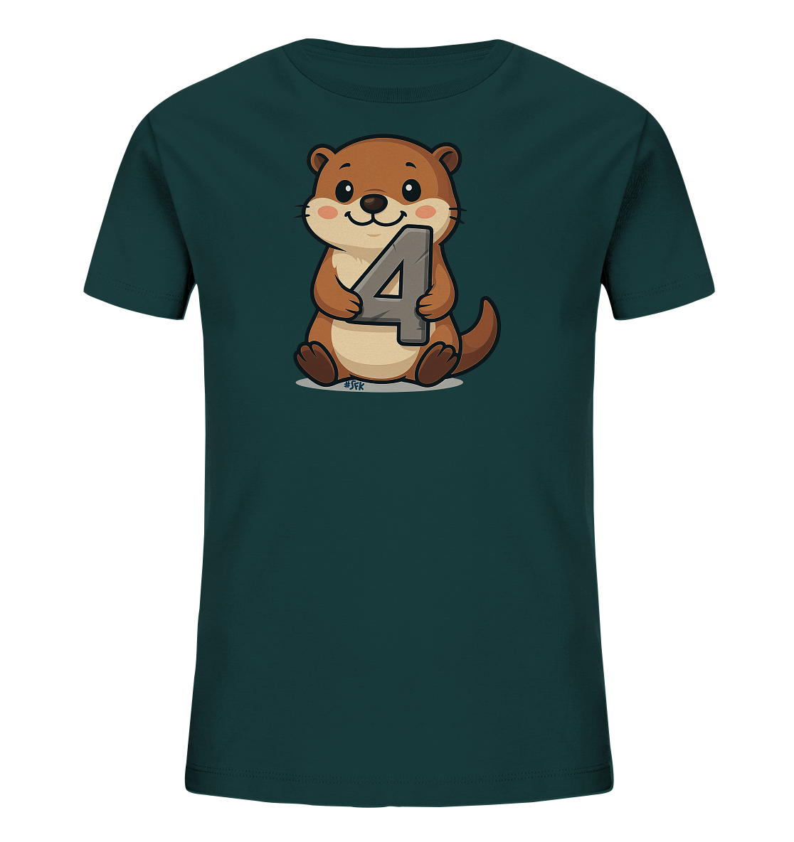 Onlineshop Shirts fuer Kinder - Das Bild zeigt ein dunkelgruenes T-Shirt fuer Kinder. Auf der Vorderseite ist eine niedliche, comicartige Darstellung eines Otters zu sehen. Der Otter sitzt aufrecht und haelt die grosse Zahl '4' in seinen Pfoten. Das Design ist kindgerecht und freundlich.