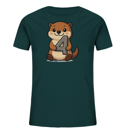 Onlineshop Shirts fuer Kinder - Das Bild zeigt ein dunkelgruenes T-Shirt fuer Kinder. Auf der Vorderseite ist eine niedliche, comicartige Darstellung eines Otters zu sehen. Der Otter sitzt aufrecht und haelt die grosse Zahl '4' in seinen Pfoten. Das Design ist kindgerecht und freundlich.