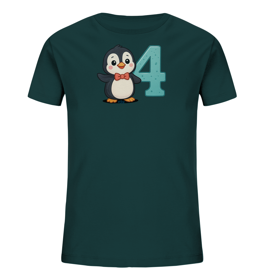 Onlineshop Shirts fuer Kinder - Das Bild zeigt ein dunkelgruenes T-Shirt fuer Kinder. Auf der Vorderseite ist eine suesse Illustration eines Pinguins mit einer roten Fliege zu sehen. Der Pinguin steht neben der Zahl "4", die in einem helleren Blauton mit gesprenkelter Textur dargestellt ist. Das Design wirkt freundlich und kindgerecht.