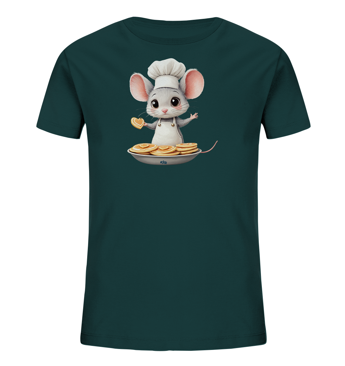 Burgunderfarbenes Kinder-T-Shirt mit Maus, die Herz-Pfannkuchen backt.