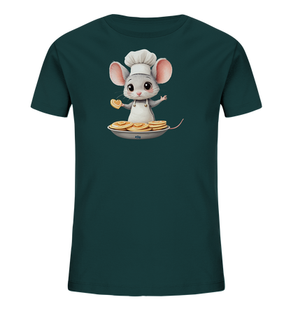 Burgunderfarbenes Kinder-T-Shirt mit Maus, die Herz-Pfannkuchen backt.