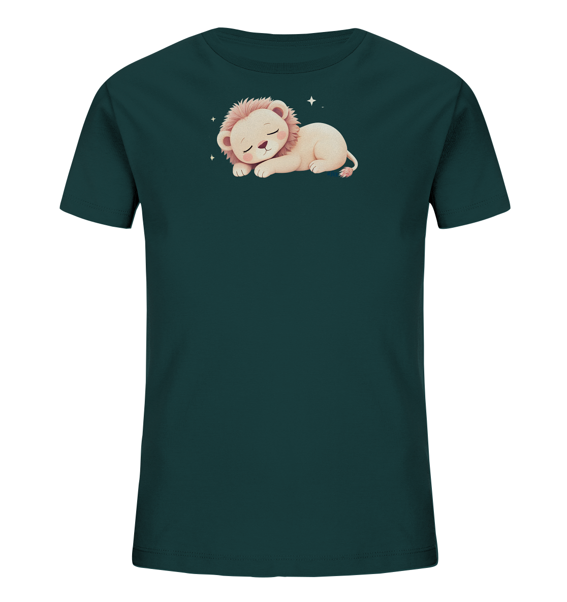 Onlineshop Shirts fuer Kinder - Das Bild zeigt ein dunkelblau-gruenes Kinder-T-Shirt mit einem niedlichen Motiv. Auf der Vorderseite ist ein schlafendes Loewenbaby abgebildet, das friedlich ruht. Das Loewenmotiv ist in sanften Cremetoenen mit zartrosa Maehne gehalten, umgeben von kleinen Sternen. Dies verleiht dem Shirt einen ruhigen und verspielten Ausdruck.