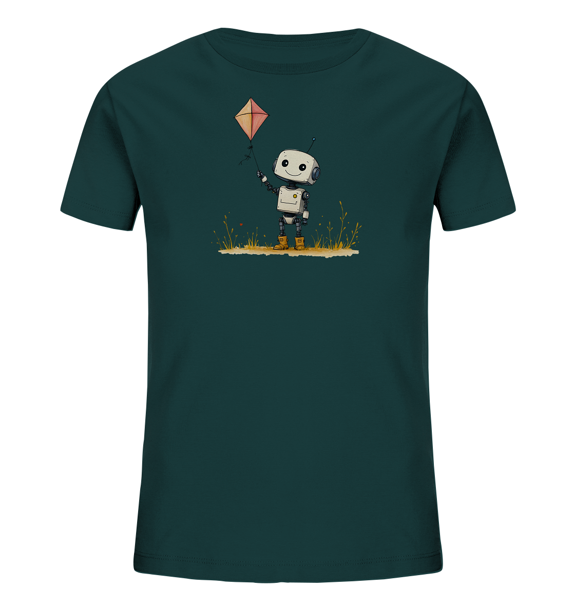 Onlineshop Shirts für Kinder - Das Bild zeigt ein dunkelgrünes Kinder-T-Shirt mit einem farbigen Druck auf der Vorderseite. Das Motiv stellt einen kleinen, freundlichen Roboter dar, der einen orangefarbenen Drachen an einer Schnur hält. Der Roboter steht auf einer angedeuteten Wiese mit Grashalmen und kleinen roten Farbtupfern. Das gesamte Design ist im Comic-Stil gehalten und strahlt eine fröhliche und verspielte Stimmung aus, passend für Kinderkleidung.