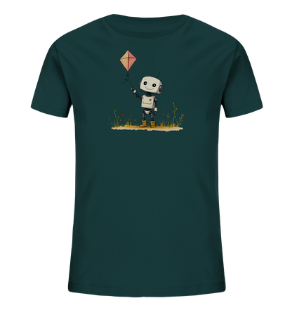 Onlineshop Shirts für Kinder - Das Bild zeigt ein dunkelgrünes Kinder-T-Shirt mit einem farbigen Druck auf der Vorderseite. Das Motiv stellt einen kleinen, freundlichen Roboter dar, der einen orangefarbenen Drachen an einer Schnur hält. Der Roboter steht auf einer angedeuteten Wiese mit Grashalmen und kleinen roten Farbtupfern. Das gesamte Design ist im Comic-Stil gehalten und strahlt eine fröhliche und verspielte Stimmung aus, passend für Kinderkleidung.
