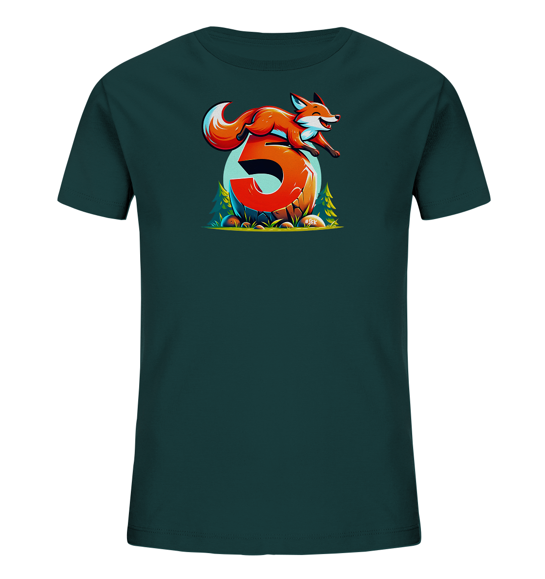 Onlineshop Shirts für Kinder - Das Bild zeigt ein Kinder T-Shirt in der Farbe Dunkelgrün oder Petrol. Auf der Vorderseite befindet sich eine farbenfrohe Illustration im Cartoon-Stil. Zentral ist ein orangefarbener Fuchs dargestellt, der dynamisch über eine große, rot-orangefarbene Zahl "3" springt. Die Grafik umfasst außerdem Details wie Bäume, Steine und Gras vor einem hellblauen Kreis im Hintergrund.