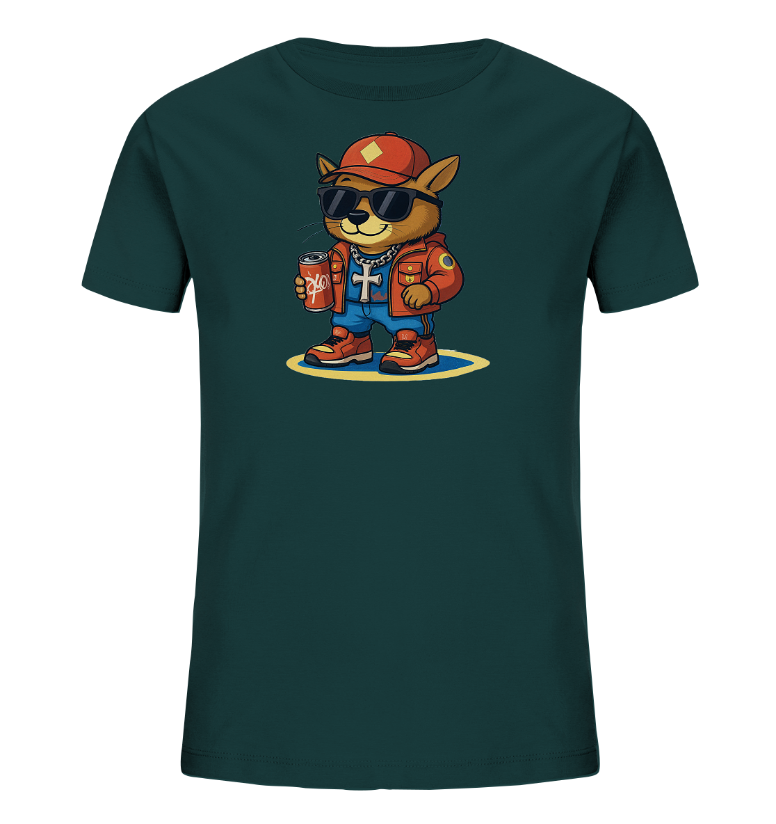 Onlineshop Shirts fuer Kinder - Das Bild zeigt ein dunkelgruenes Kinder-T-Shirt mit einer coolen Cartoon-Figur. Die Figur, aehnlich einer Katze, traegt eine rote Kappe, Sonnenbrille, eine Jacke und Jeans. Sie haelt eine rote Dose in der Pfote und steht auf einer gelben Flaeche. Das Design wirkt modern und laessig.