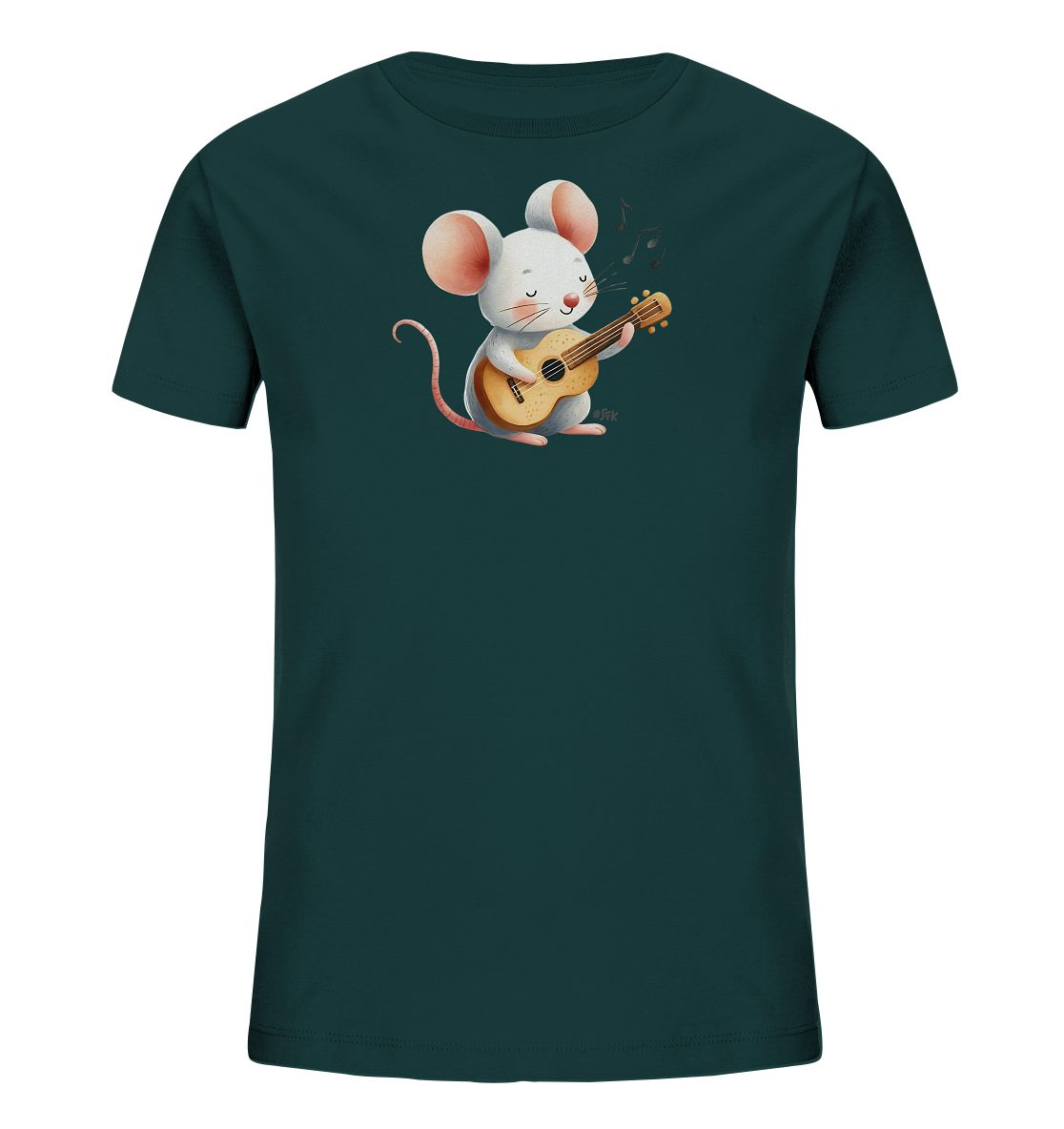 Onlineshop Shirts für Kinder - Das Bild zeigt ein dunkelgrünes Kinder-T-Shirt mit einem niedlichen Aufdruck. Auf der Vorderseite ist eine cartoonhafte, hellgraue Maus mit rosa Ohren abgebildet. Die Maus sitzt und spielt eine kleine Ukulele oder Gitarre, während Musiknoten über ihr schweben. Das Design wirkt fröhlich und musikalisch.