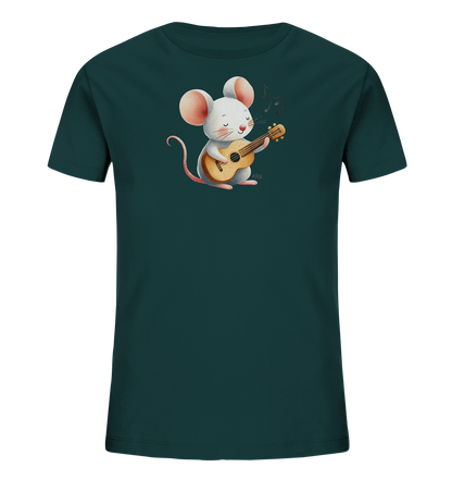 Onlineshop Shirts für Kinder - Das Bild zeigt ein dunkelgrünes Kinder-T-Shirt mit einem niedlichen Aufdruck. Auf der Vorderseite ist eine cartoonhafte, hellgraue Maus mit rosa Ohren abgebildet. Die Maus sitzt und spielt eine kleine Ukulele oder Gitarre, während Musiknoten über ihr schweben. Das Design wirkt fröhlich und musikalisch.