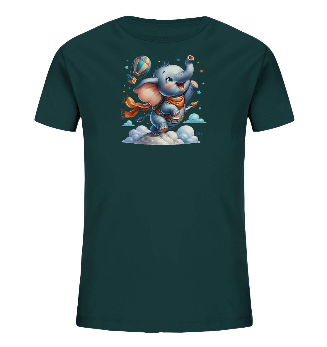 Onlineshop Shirts fuer Kinder - Das Bild zeigt ein dunkelgruenes Kinder-T-Shirt mit einer Illustration eines froehlichen Elefanten. Der Elefant traegt einen Schal und eine Umhaengetasche und scheint ueber Wolken zu fliegen. Im Hintergrund sind ein Heissluftballon, Sterne und eine kleine Rakete zu sehen, was dem Motiv eine abenteuerliche Note verleiht.