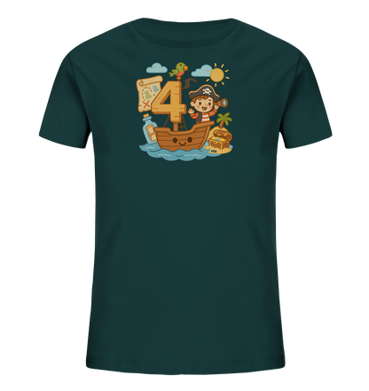 Onlineshop Shirts fuer Kinder - Das dunkelgruene Kinder T-Shirt zeigt eine lustige Piratenillustration. Ein kleines Schiff segelt auf dem Meer, mit der Zahl 4 als Mast, auf der ein Papagei sitzt. Ein Kind in Piratenkleidung steht an Bord, daneben eine Schatzkarte und eine Flaschenpost. Eine Insel mit Palme und Schatztruhe, sowie Sonne und Wolken runden das froehliche Motiv ab.