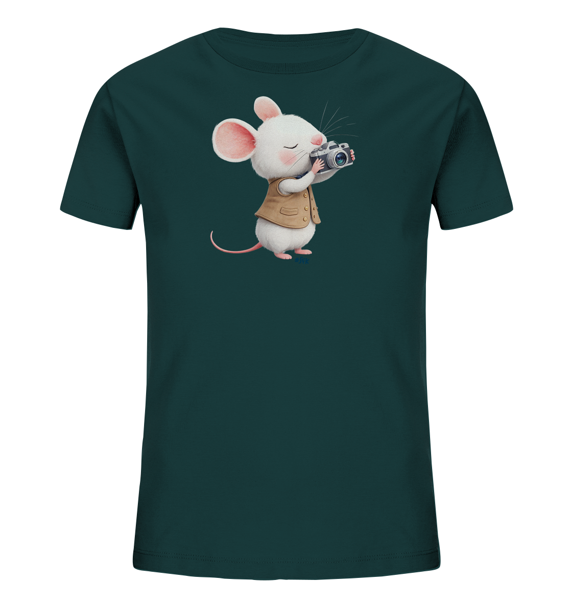 Onlineshop Shirts fuer Kinder - Das Bild zeigt ein dunkelgruenes Kinder-T-Shirt mit einer niedlichen Illustration einer weissen Maus auf der Vorderseite. Die Maus traegt eine braune Weste und haelt eine Kamera, als wuerde sie gerade ein Foto machen. Ihre Augen sind dabei geschlossen, was ihr einen konzentrierten und liebenswerten Ausdruck verleiht. Das Design wirkt verspielt und ansprechend fuer Kinder.