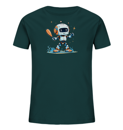 Onlineshop Shirts für Kinder - Das Bild zeigt ein Kinder-T-Shirt in einem dunklen Petrolgrün-Ton. Auf der Vorderseite befindet sich eine bunte Grafik eines freundlichen Cartoon-Roboters. Der Roboter hält einen Baseballschläger und steht inmitten von Wasserspritzern, was eine dynamische Szene darstellt. Helle Sternen-Elemente ergänzen das Design, das einen verspielten und sportlichen Charakter hat.