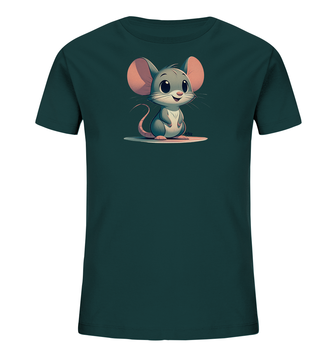 Onlineshop Shirts fuer Kinder - Das Bild zeigt ein dunkelgruenes Kinder-T-Shirt. Auf der Vorderseite ist eine suesse Cartoon-Maus mit grossen pinken Ohren und einem freundlichen Gesicht abgebildet. Die Maus sitzt aufrecht auf einem hellen Oval. Das Design ist einfach und ansprechend fuer Kinder.