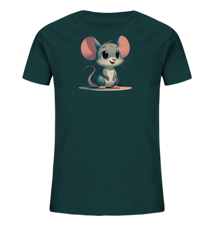 Onlineshop Shirts fuer Kinder - Das Bild zeigt ein dunkelgruenes Kinder-T-Shirt. Auf der Vorderseite ist eine suesse Cartoon-Maus mit grossen pinken Ohren und einem freundlichen Gesicht abgebildet. Die Maus sitzt aufrecht auf einem hellen Oval. Das Design ist einfach und ansprechend fuer Kinder.