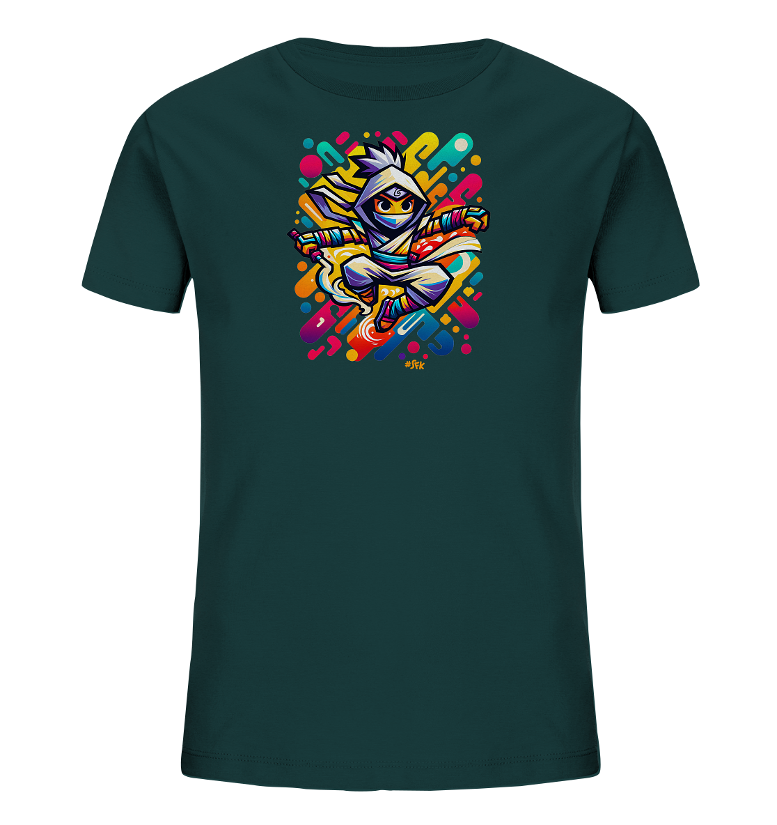 Onlineshop Shirts fuer Kinder - Das Bild zeigt ein dunkles Kinder-T-Shirt in Petrol. Auf der Vorderseite ist eine farbenfrohe Illustration einer stilisierten Figur im Sprung oder in Action zu sehen. Die Figur traegt eine Art Maske und ist von bunten, abstrakten Formen und Punkten umgeben. Das Motiv wirkt dynamisch und modern.