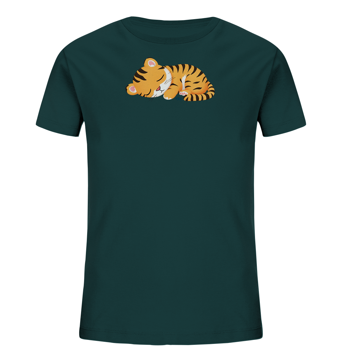 Onlineshop Shirts fuer Kinder - Das Bild zeigt ein dunkelgruenes Kinder-T-Shirt mit einem niedlichen Tiermotiv auf der Vorderseite. Abgebildet ist ein schlafendes Tigerjunges, das friedlich zusammengerollt liegt. Das kleine Tigerbaby hat orangefarbenes Fell mit schwarzen Streifen und einen ruhigen Ausdruck. Dieses Design verleiht dem T-Shirt einen beruhigenden und zugleich verspielten Charakter.